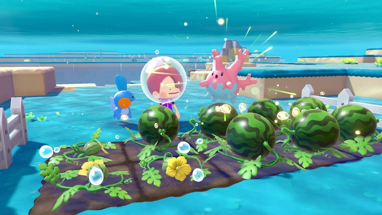 השחקן מגדל אבטיחים מתחת למים עם Mudkip ו-Corsola