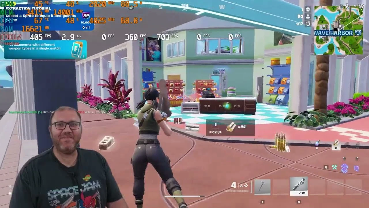 Fortnite רץ על המחשב עם RTX 5070 ומונה FPS על המסך